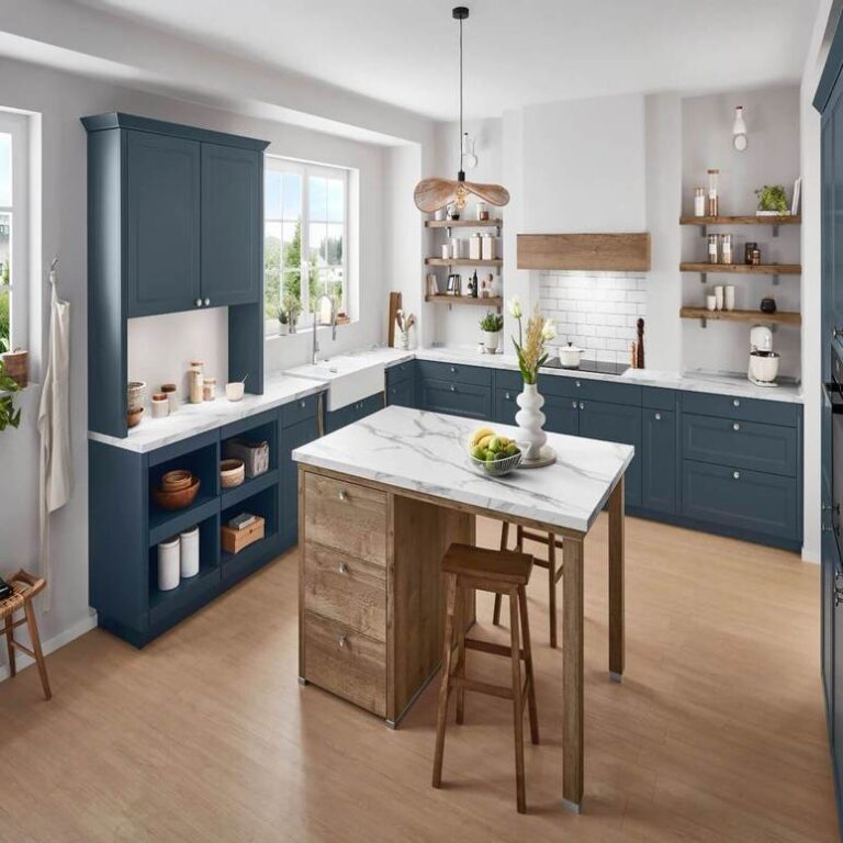 Dunkelblaue Landhausküche Küche im Landhausstil in Dunkelblau mit Marmor-Kochinsel, Holzregalen und Barhockern – Küchenfachhandel